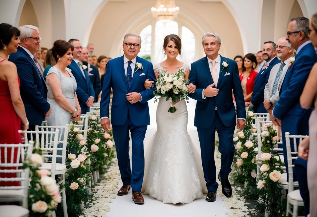 Parents guide bride down flower-lined aisle. Guests watch