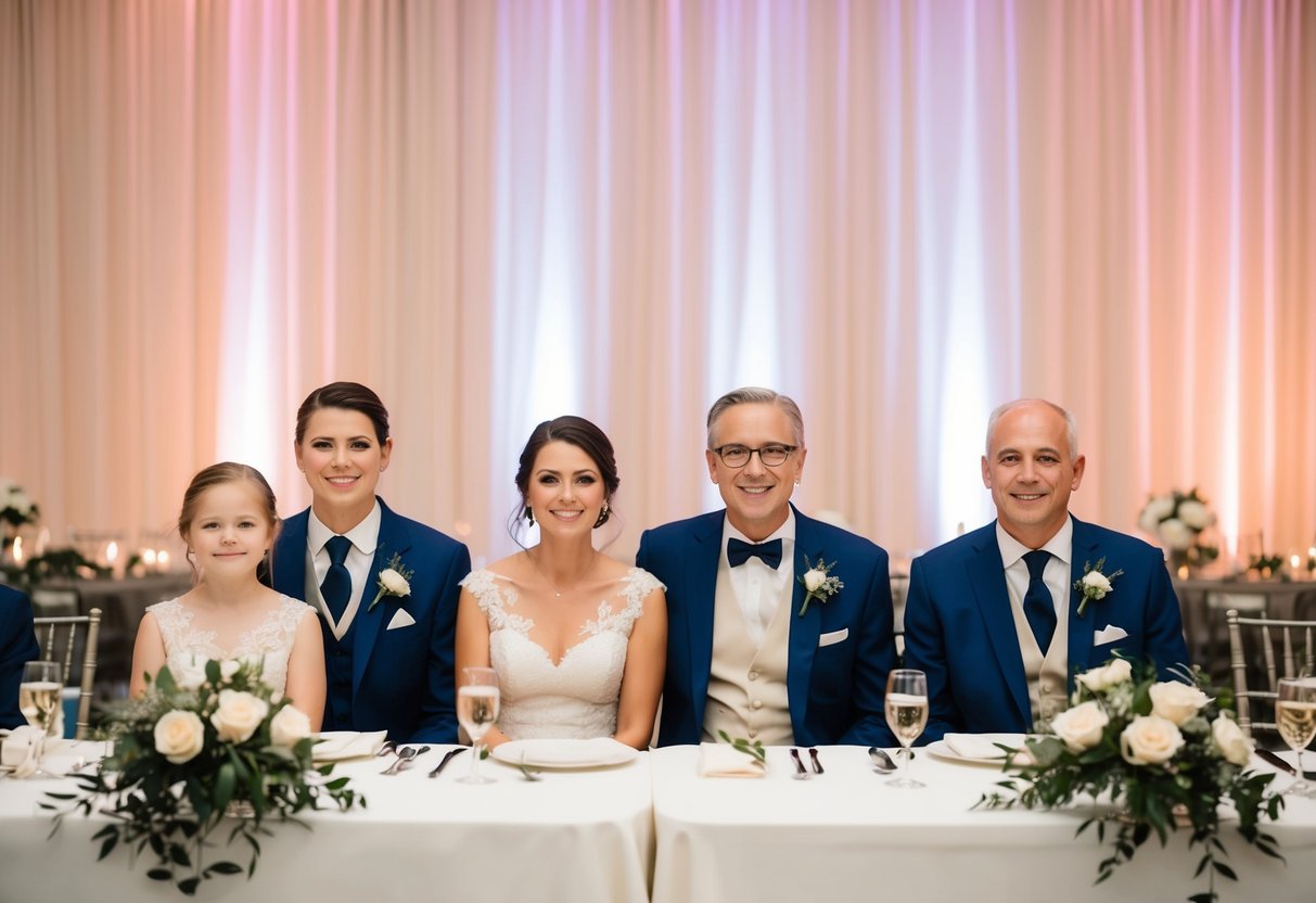 Parents of the bride and groom sit at the head table, flanking their children, at the wedding reception