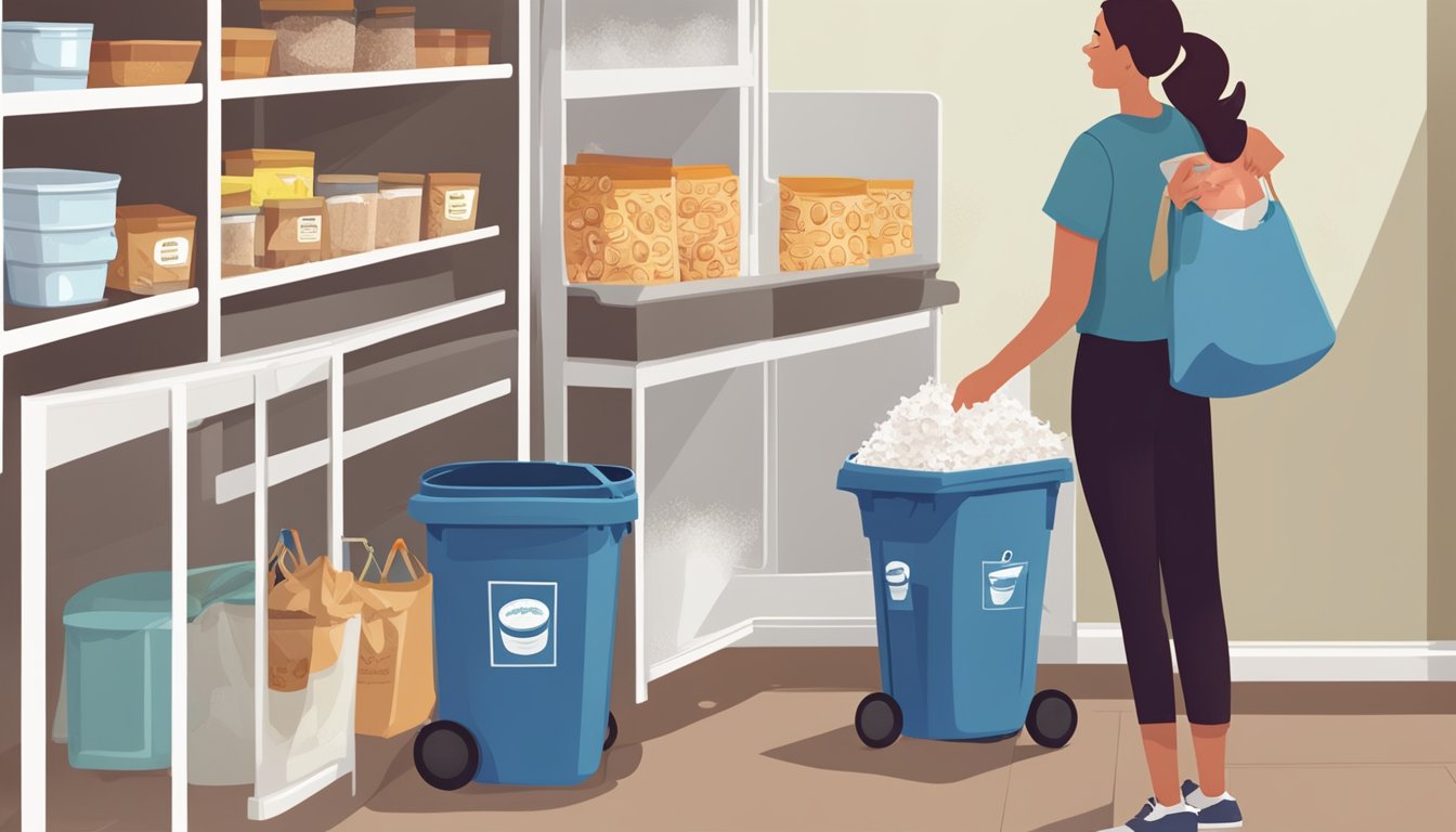 A pantry shelf with a bag of expired coconut flakes next to a trash can, with a concerned expression on a person's face