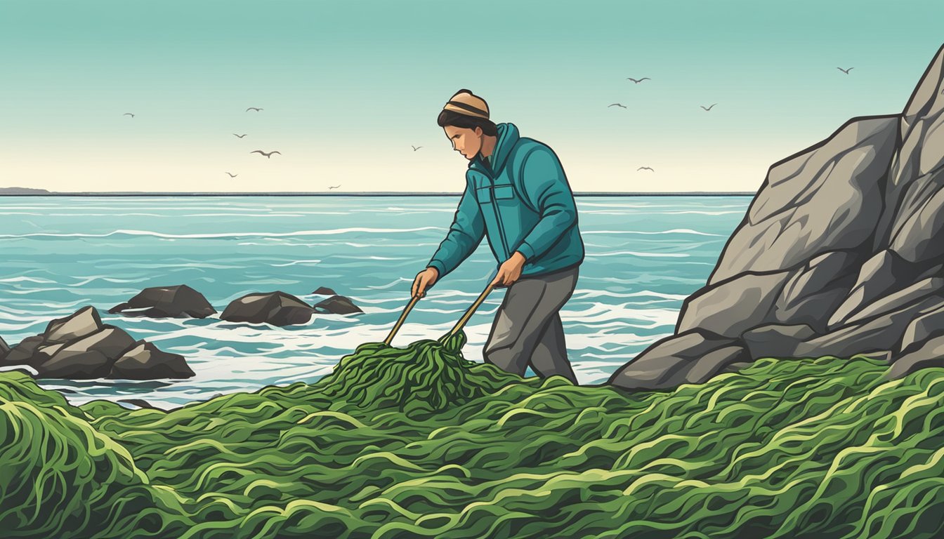 A person collecting fresh wild seaweed from the rocky shore, with the ocean in the background