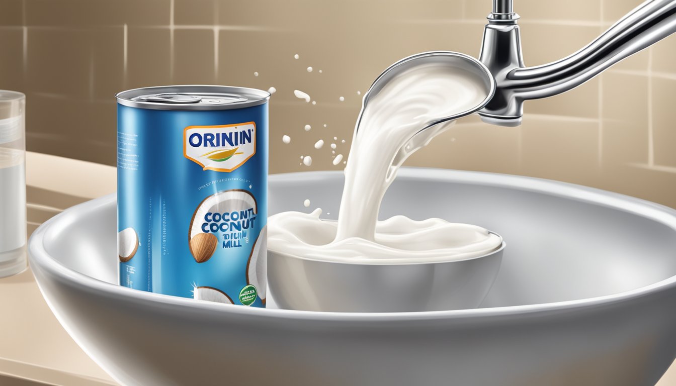 A can of expired coconut milk being poured down the sink