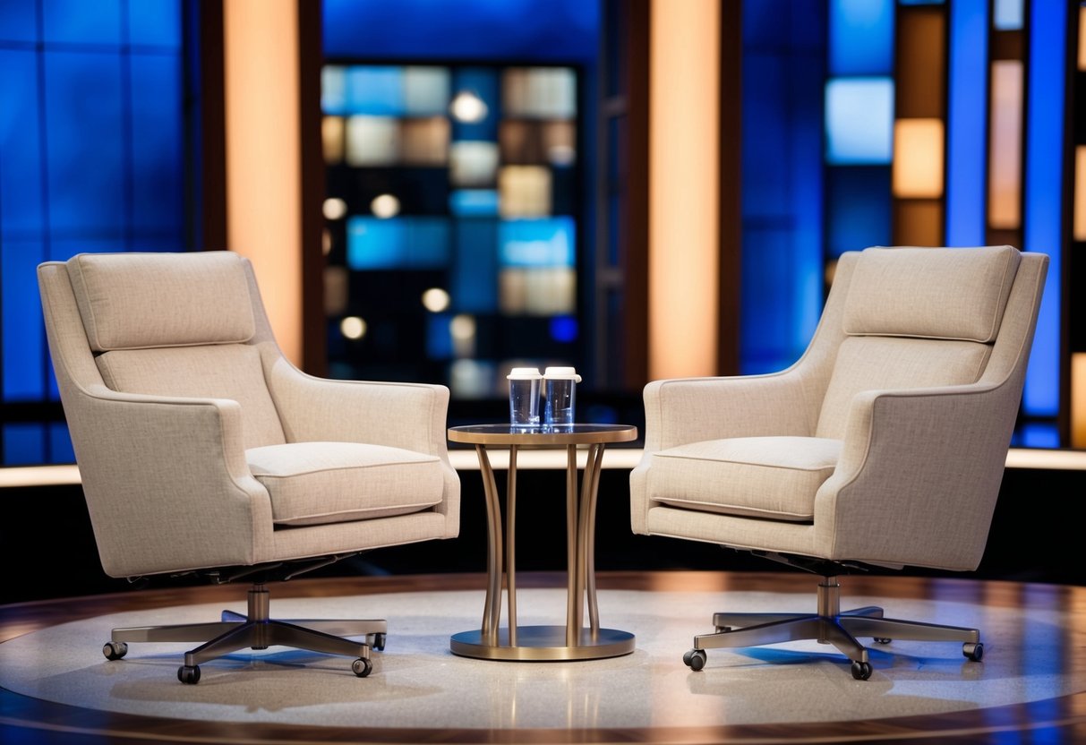 A talk show set with two chairs facing each other, one slightly larger than the other. The larger chair is positioned on the right side of the stage, facing the camera