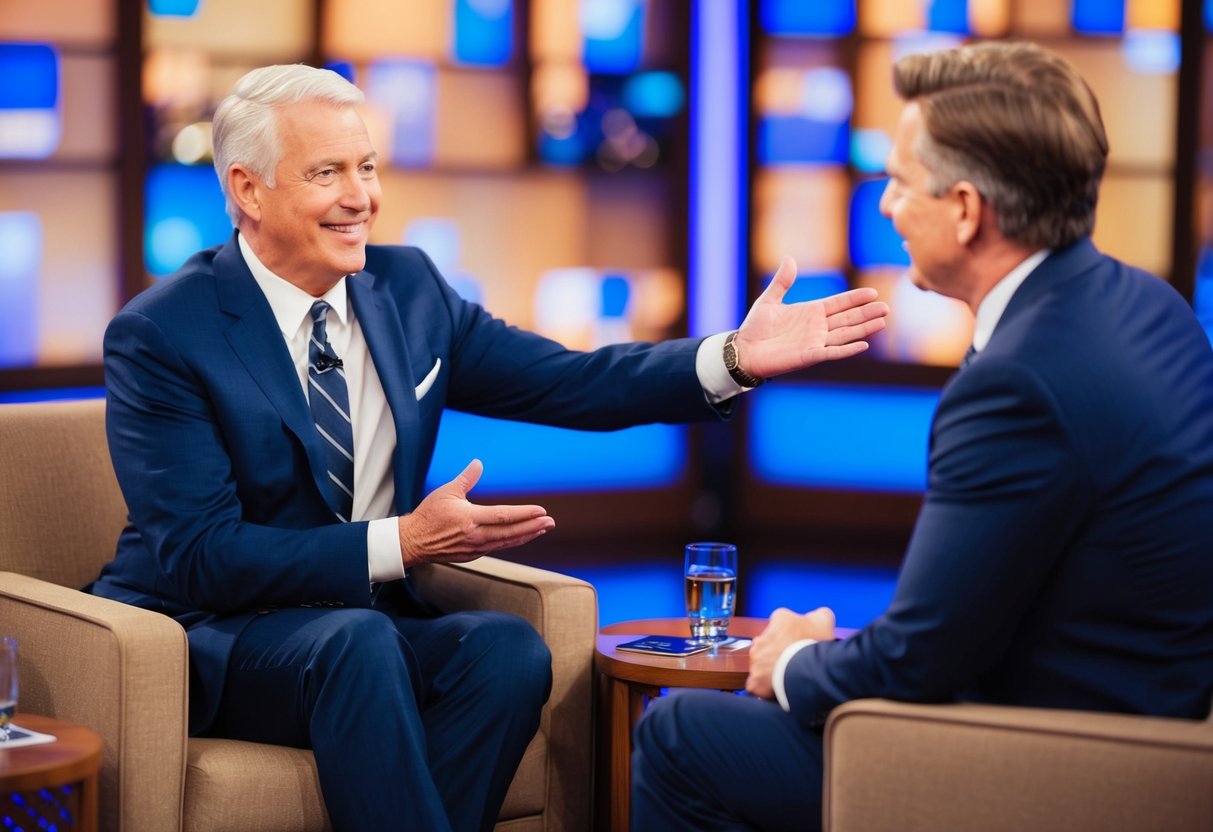 The host takes a seat first, gesturing for the guest to join them on the talk show set
