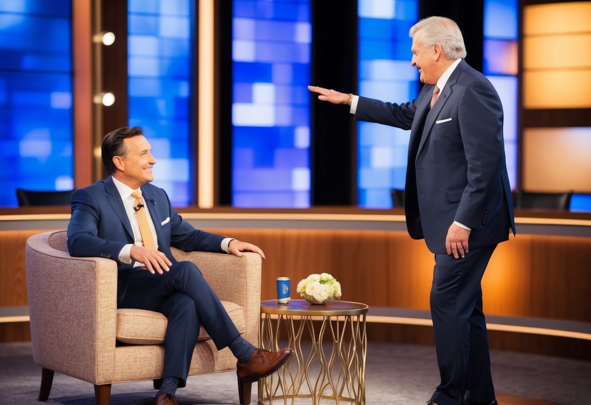 The host gestures towards a plush armchair as the guest enters the talk show set. A spotlight illuminates the seating area, creating a warm and inviting atmosphere