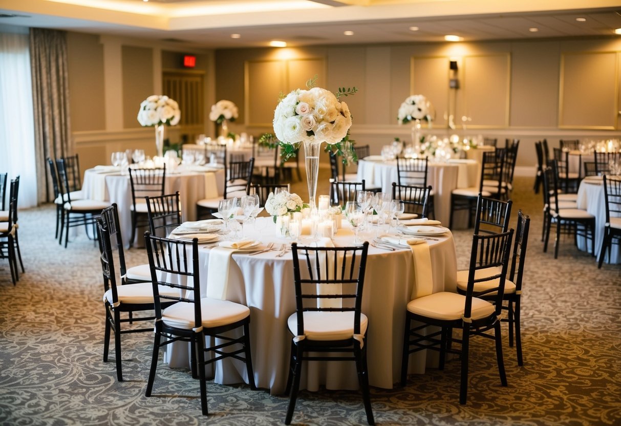 A beautifully decorated wedding reception hall with elegantly set tables, including a designated table for the mother of the bride