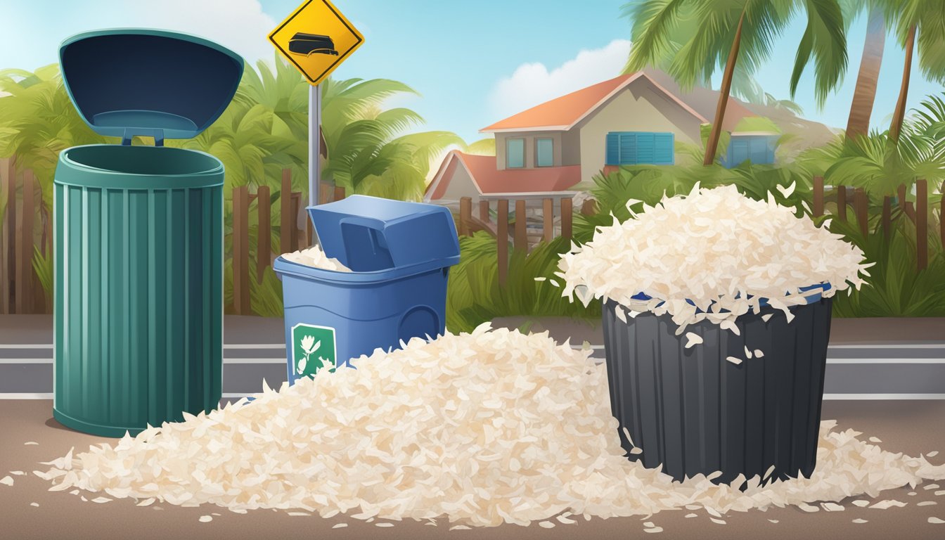 A pile of expired coconut flakes sits next to a trash can, with a caution sign next to it