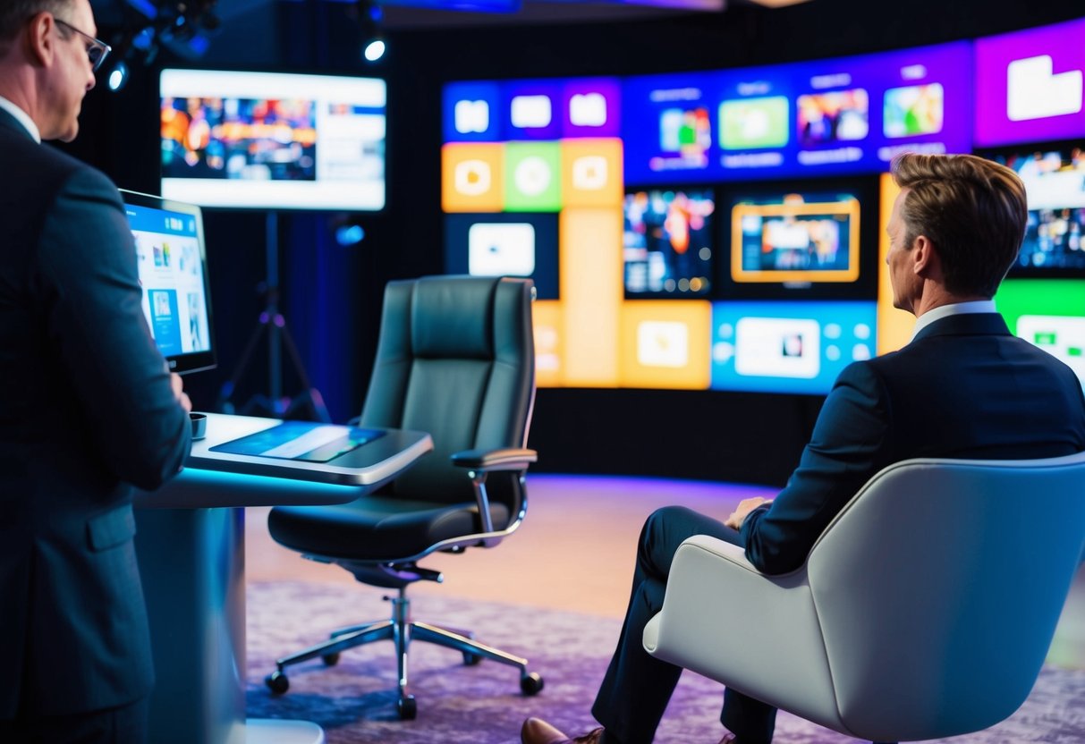 The host's chair swivels towards the sleek, high-tech media console, while the guest's chair faces the camera-ready backdrop of vivid digital displays and interactive screens