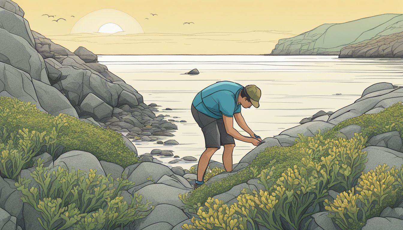 A person foraging for wild seaweed along a rocky coastline, carefully selecting and inspecting the various types before incorporating them into their diet