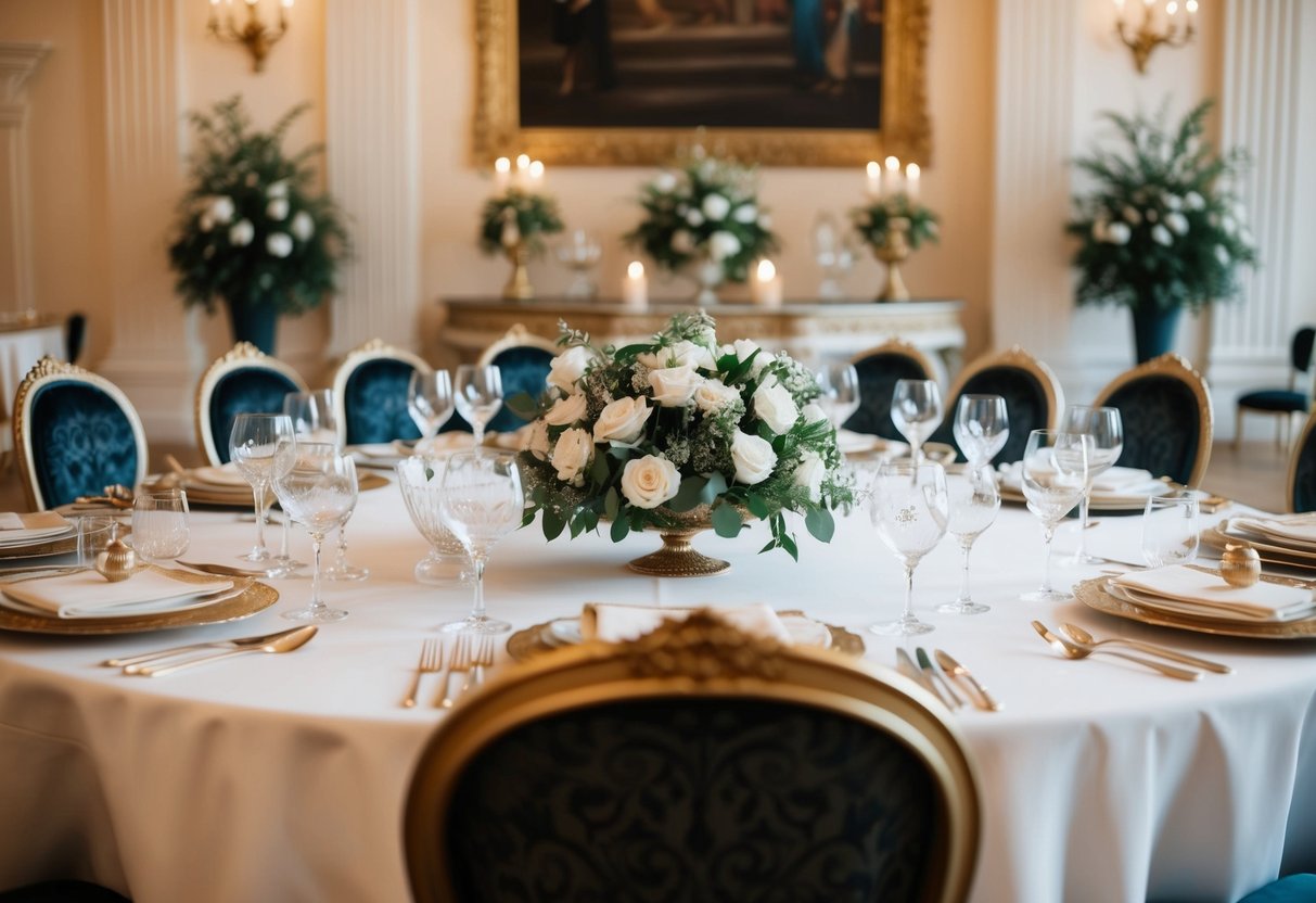 A grand, ornate table with elegant place settings and a commanding presence