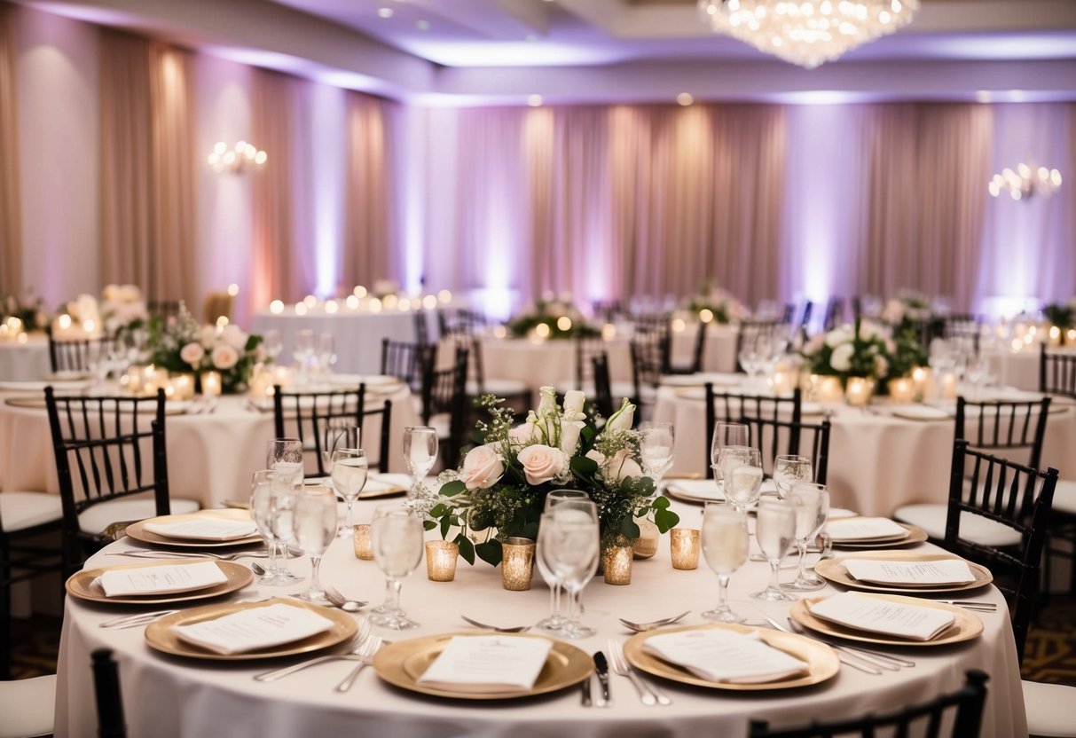A beautifully decorated wedding reception with a designated table for the mother of the bride, adorned with elegant place settings and floral centerpieces