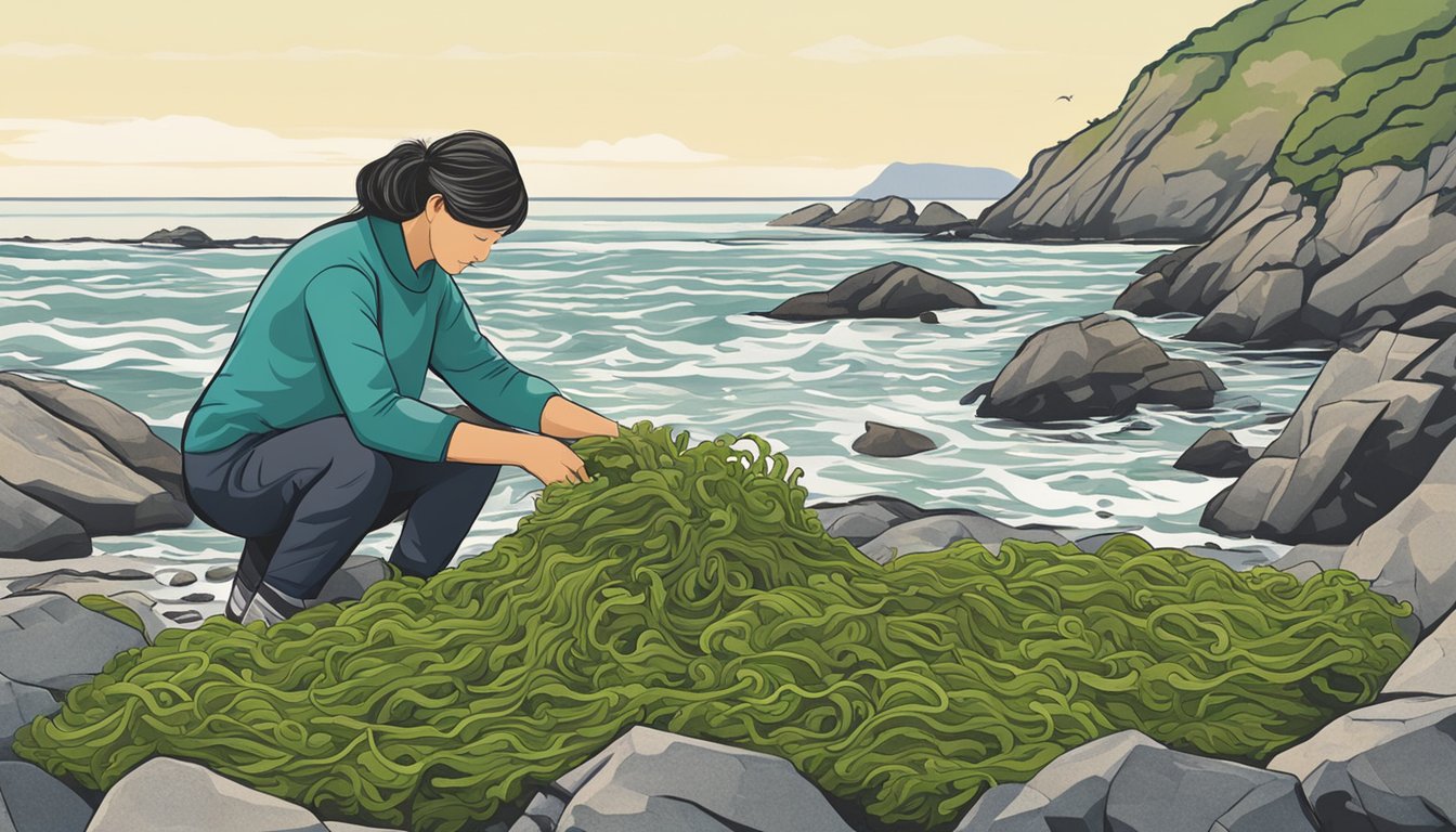 A person collecting various types of seaweed from a rocky shoreline, with the ocean in the background