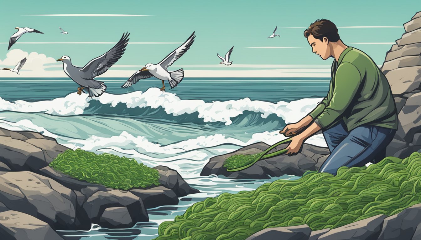 A person harvesting seaweed from a rocky coastline, with crashing waves and seagulls in the background