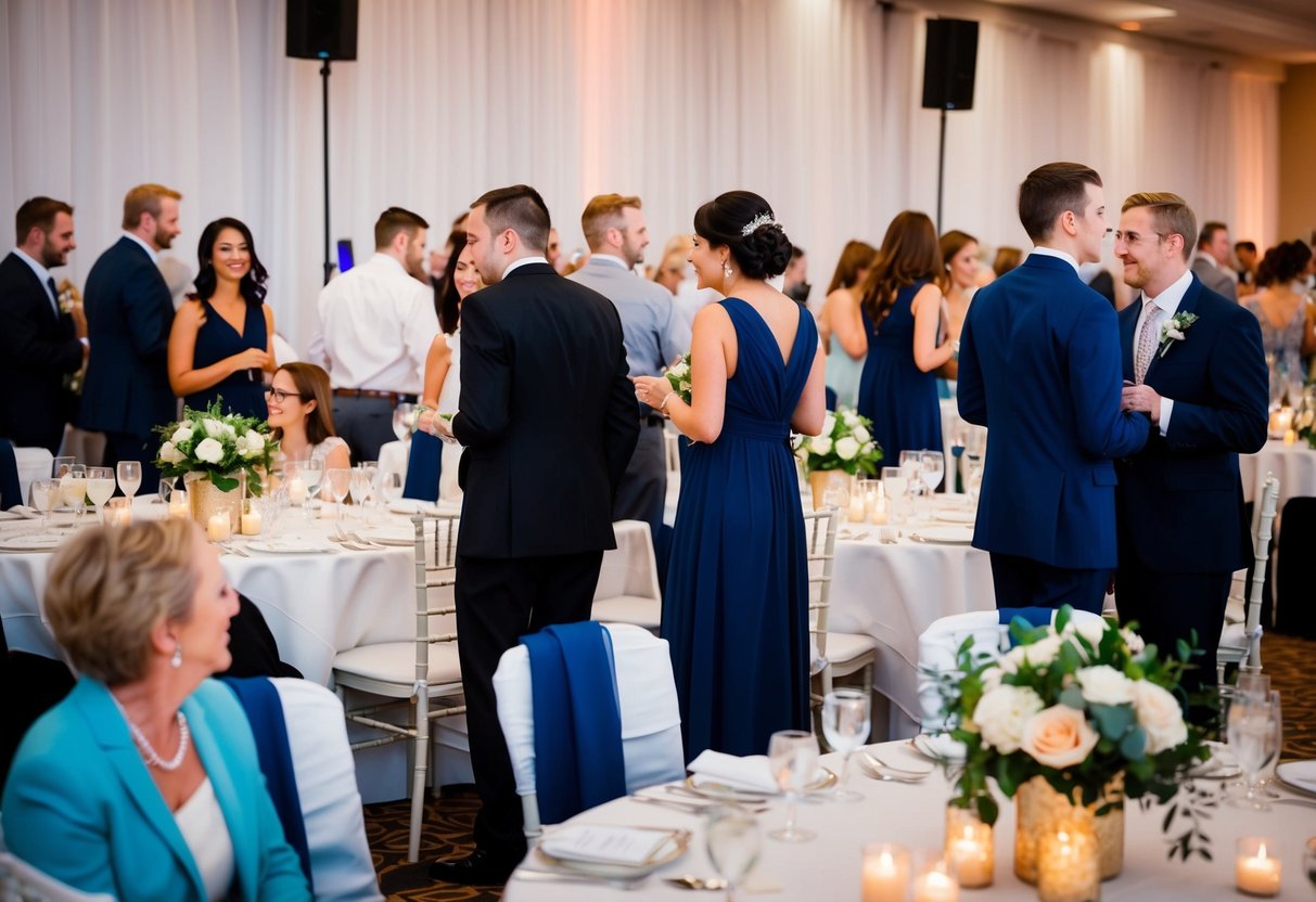 Guests mingling at a wedding reception, with tables set up for assigned seating. Bouquets and centerpieces decorate the tables, creating an elegant and organized atmosphere