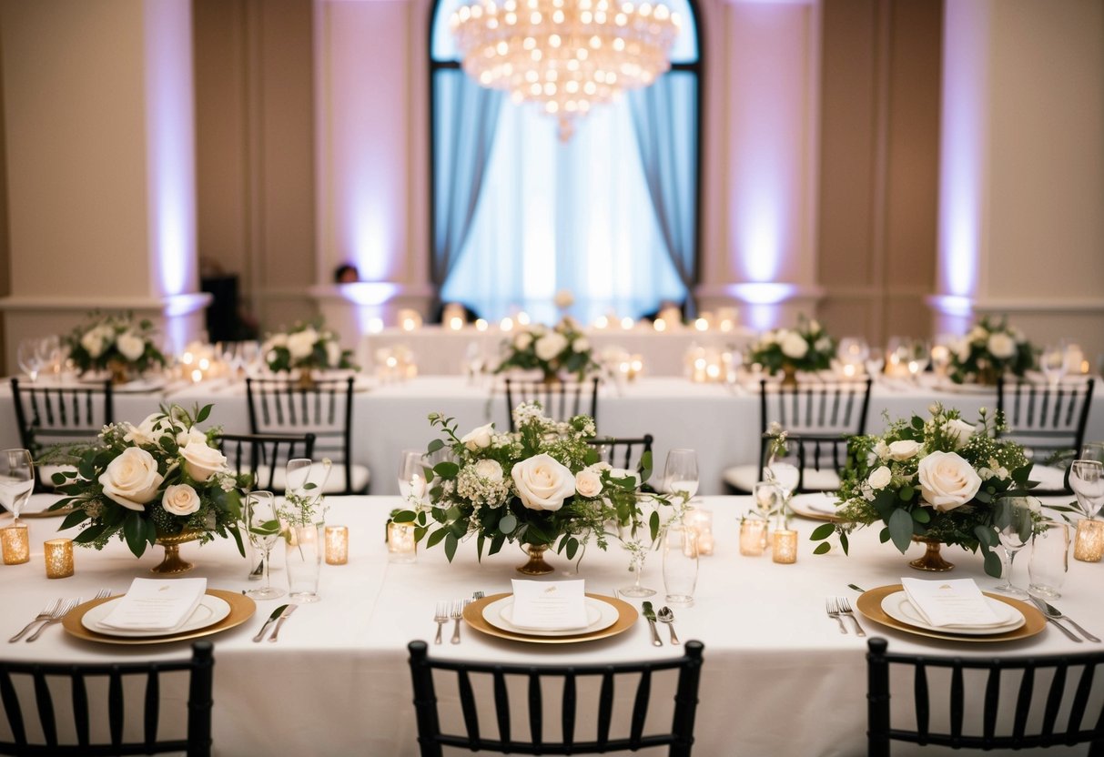 A beautifully decorated top table at a wedding reception, with elegant place settings and floral centerpieces, ready for the bride, groom, and their closest family and friends to sit