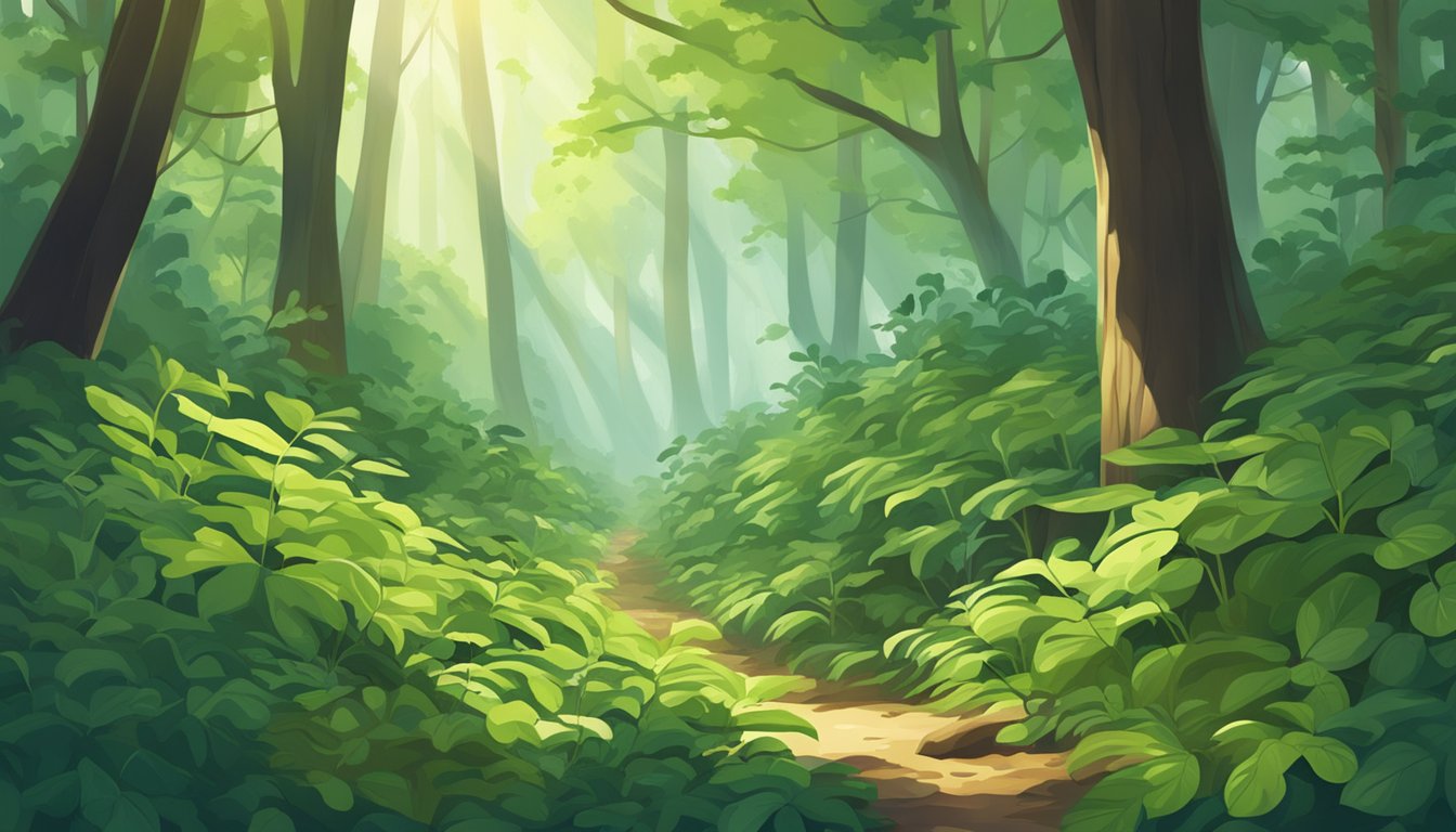 A lush forest floor with various wild leafy greens growing among the underbrush, dappled sunlight filtering through the canopy above