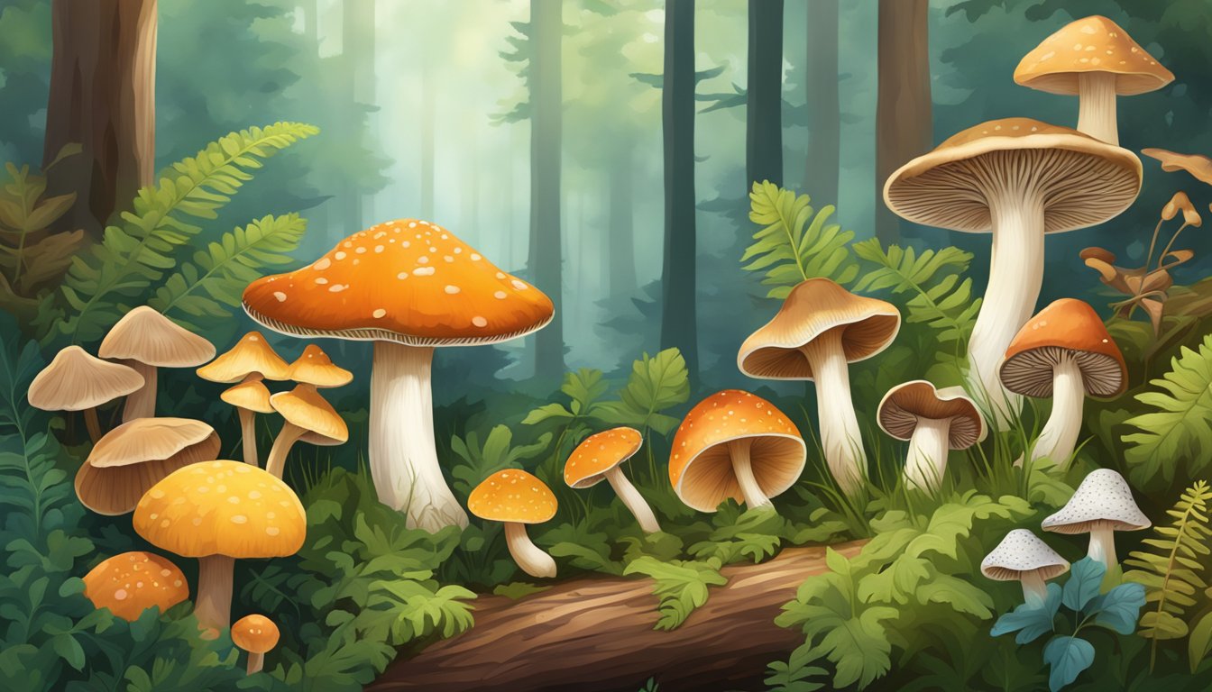 A variety of wild mushrooms, some with distinct shapes and colors, growing in a lush forest setting