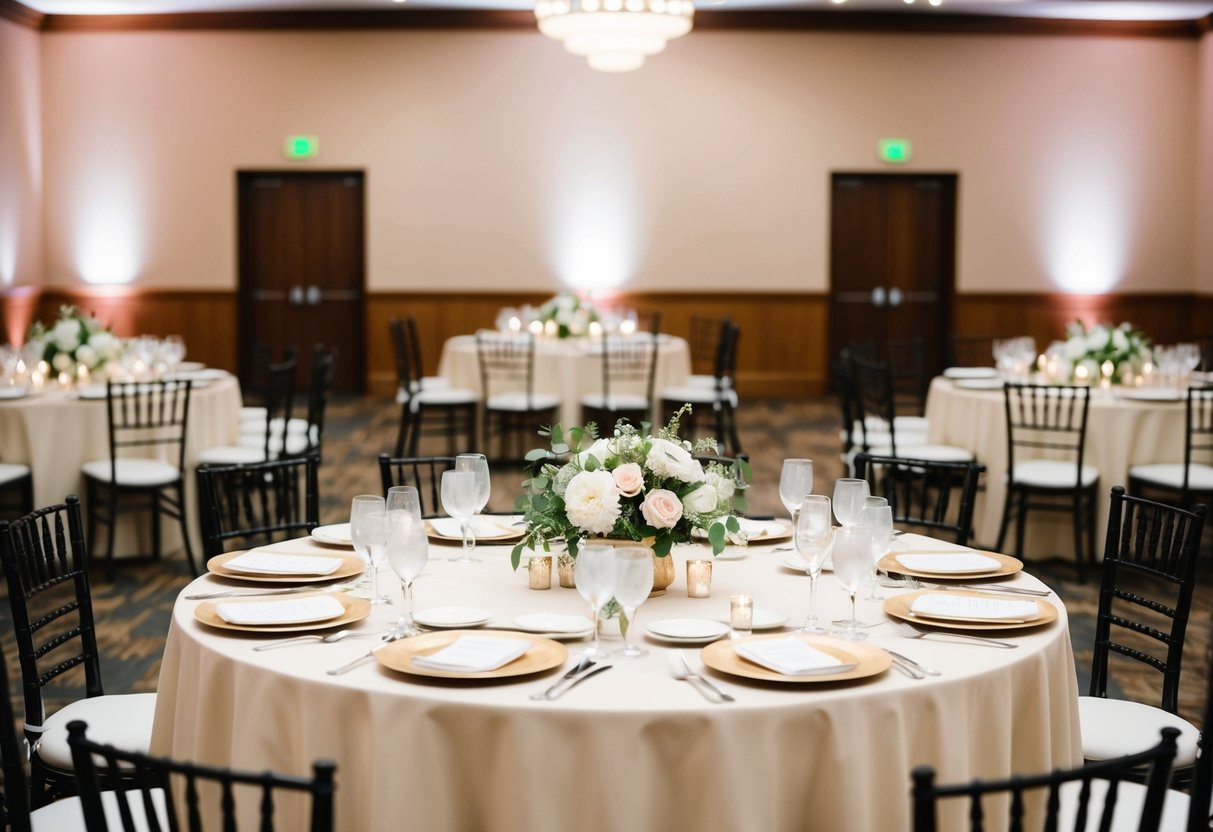 A round table with elegant place settings and floral centerpieces, surrounded by chairs in a spacious, well-lit reception hall