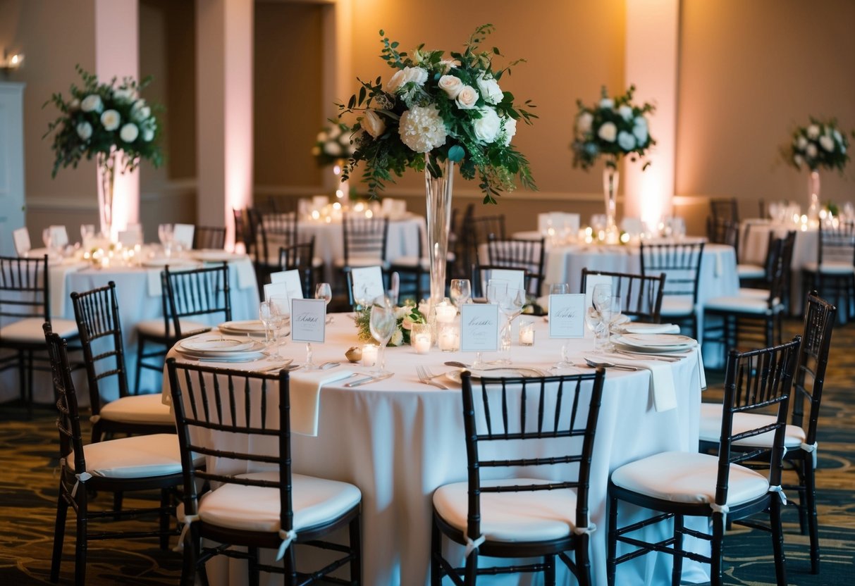 A beautifully decorated wedding reception venue with elegantly arranged tables and chairs, each adorned with place cards indicating assigned seating