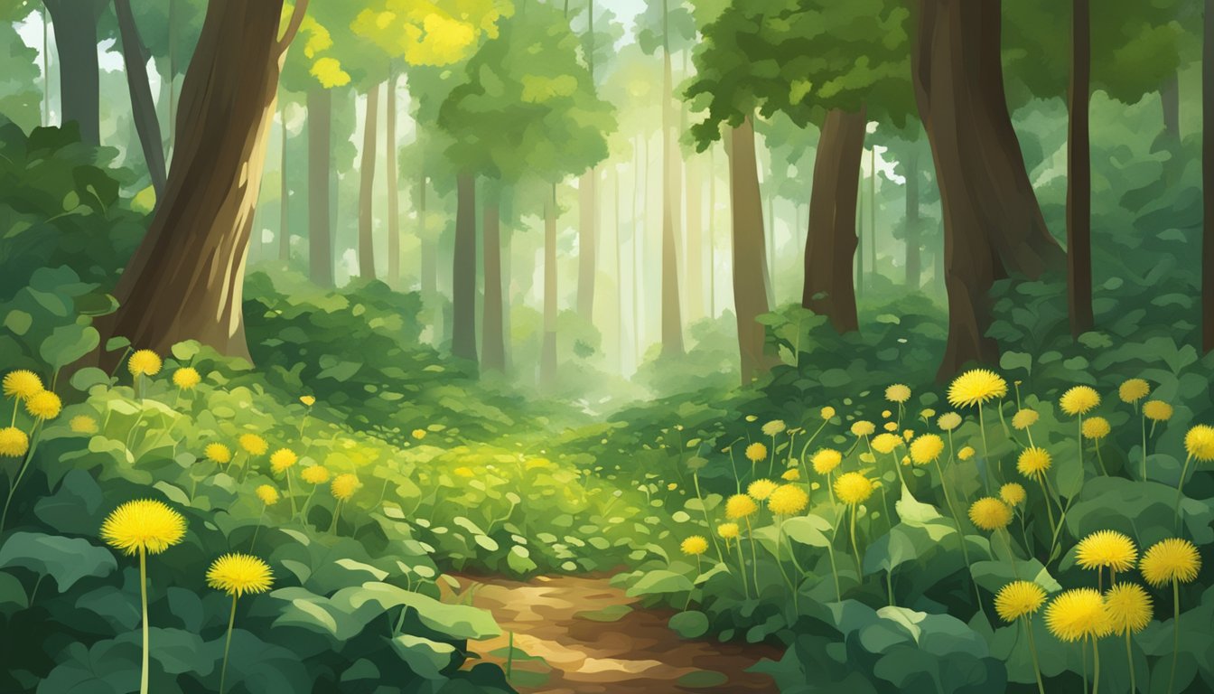 A lush forest floor with a diverse array of wild edible leaves, including dandelion, sorrel, and chickweed, surrounded by tall trees and dappled sunlight