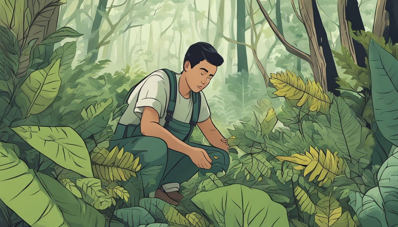 A person collecting wild leaves in a forest, surrounded by various plants and trees, with a concerned expression on their face