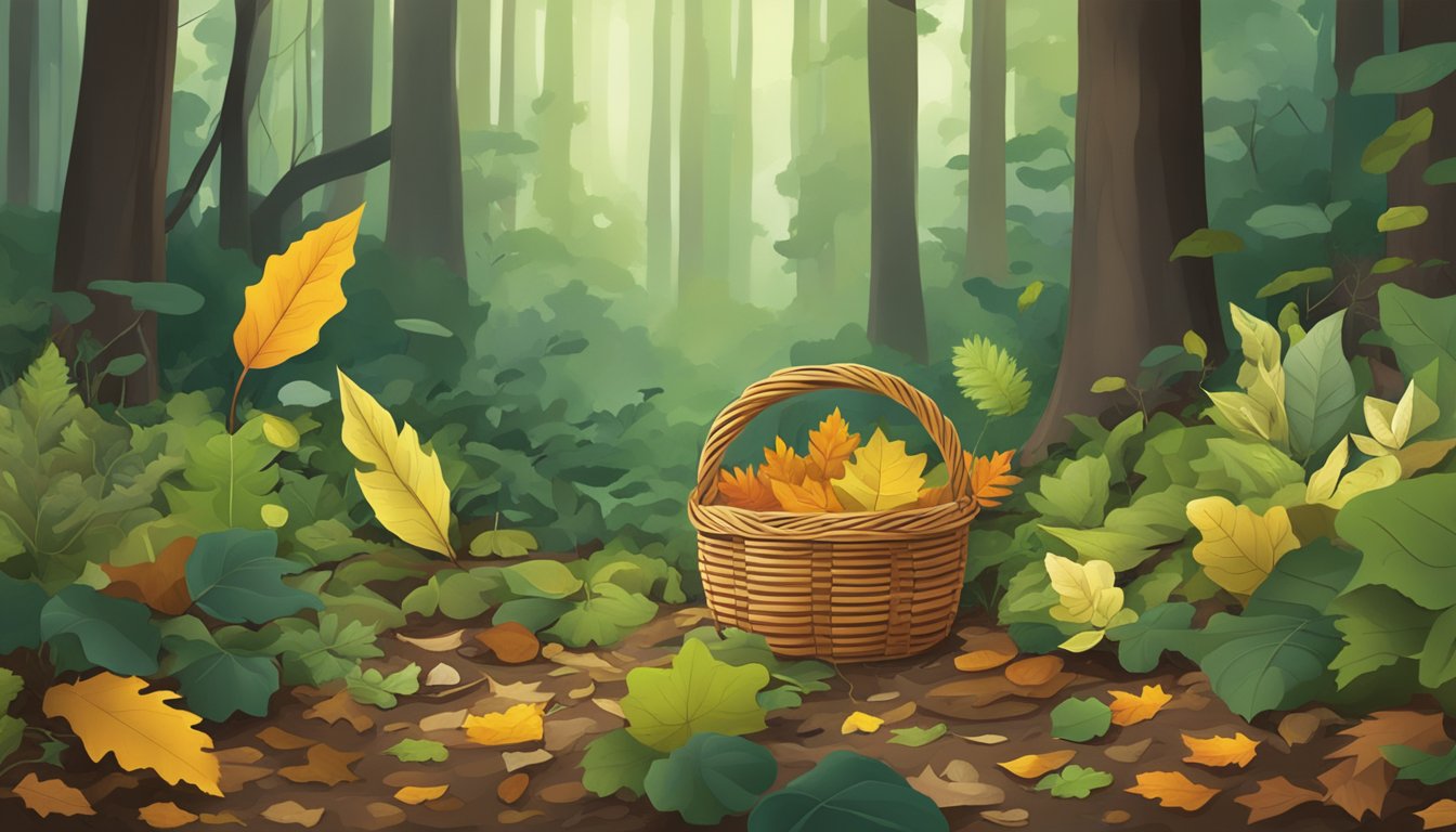 A forest floor covered in a variety of wild leaves, with a small basket of foraged leaves in the background