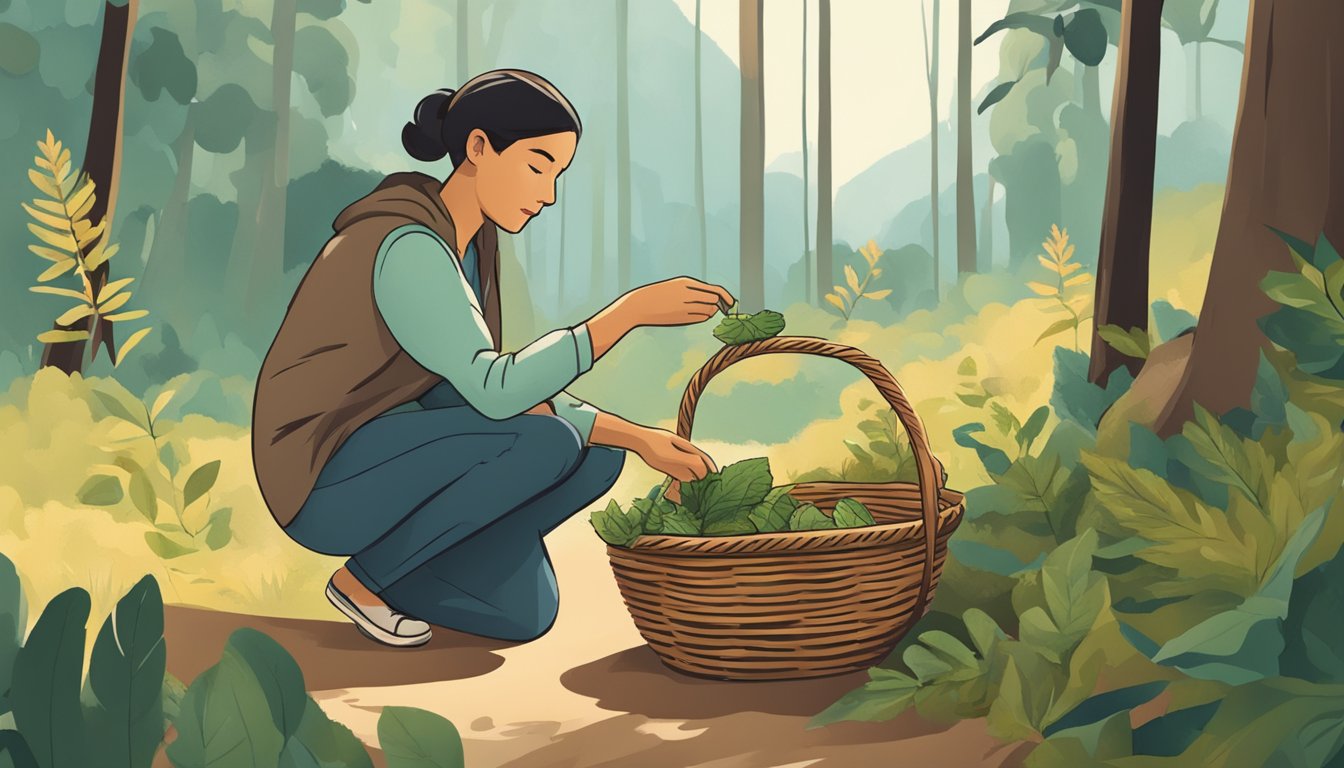 A person foraging for wild leaves, examining them closely before carefully placing them in a basket