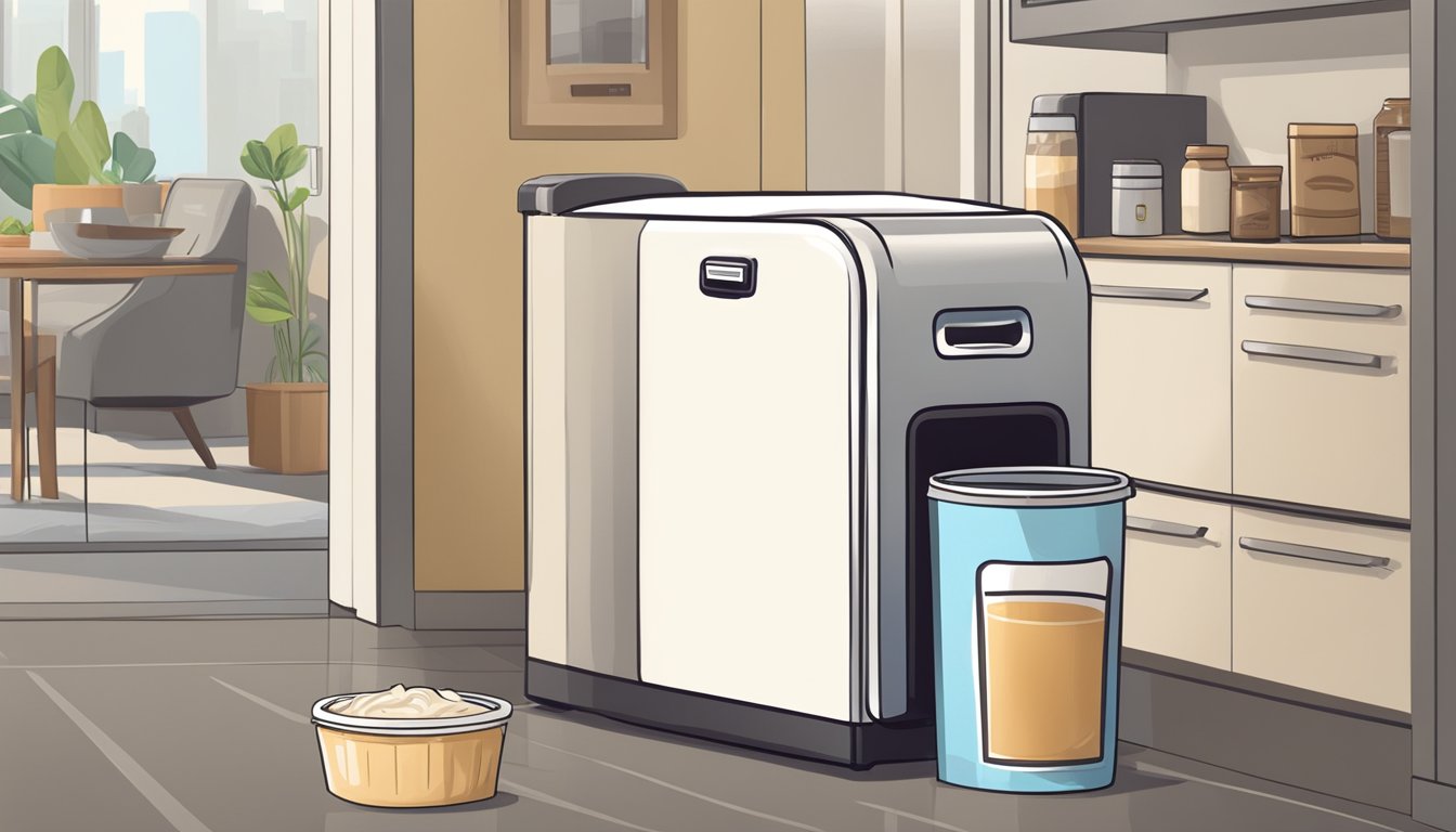 An open refrigerator with expired coffee creamer next to a trash can