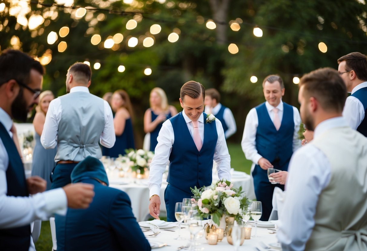 Guests arranging final touches, such as adjusting table settings and saying their farewells before leaving