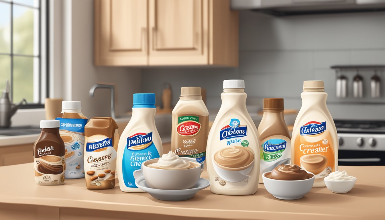 A carton of expired coffee creamer sits on a kitchen counter, surrounded by various alternative creamers such as almond milk, oat milk, and flavored syrups