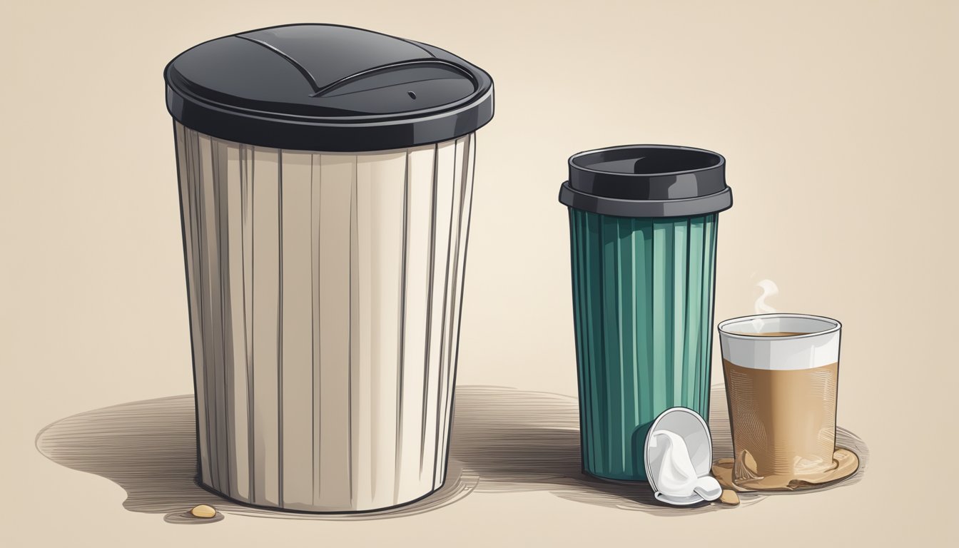 An empty coffee cup with expired creamer next to a trash can