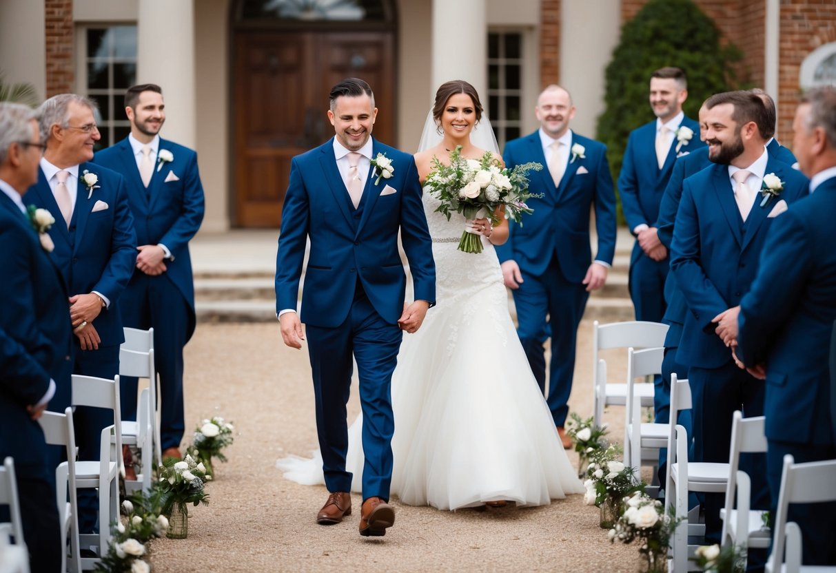 The groom leads the processional, followed by the best man