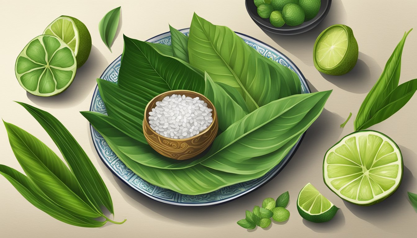 A traditional betel leaf preparation laid out on a decorative plate with accompanying ingredients like areca nut and lime