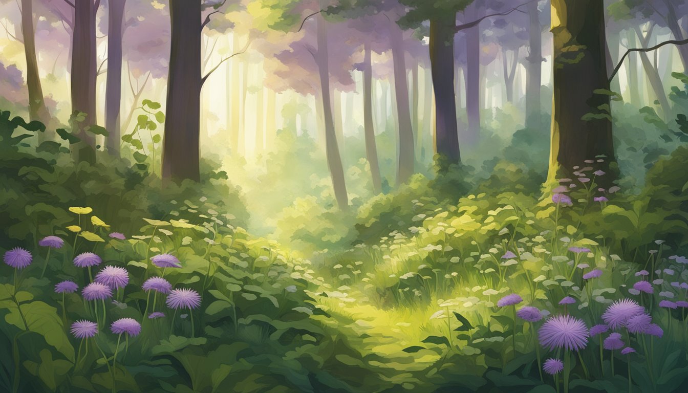 A lush forest floor with an array of wild herbs growing, including dandelion, nettle, and chickweed. The sunlight filters through the canopy, casting a warm glow on the vibrant greens and purples