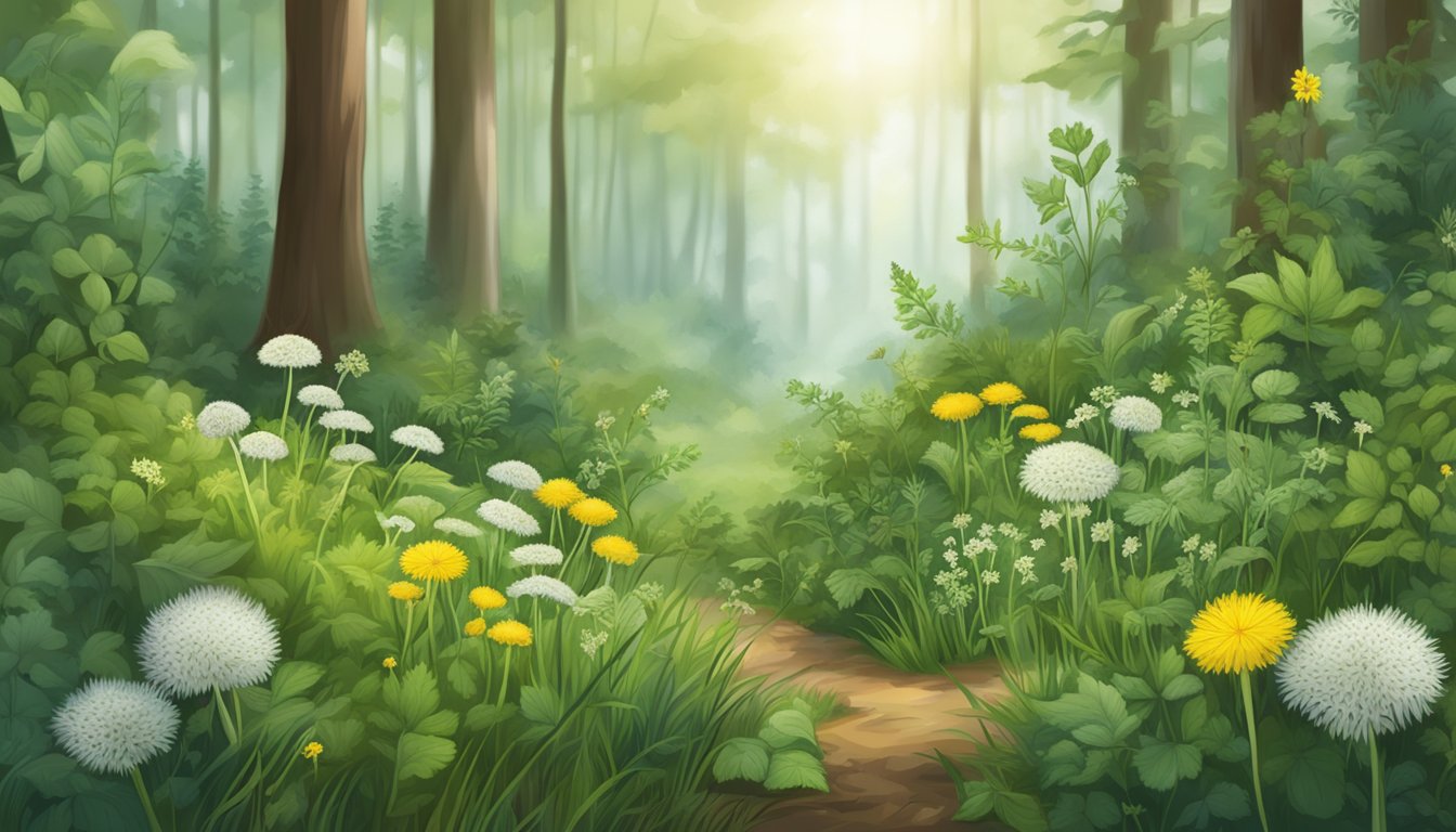 A lush forest floor with various wild herbs and plants, including dandelion, nettle, and chickweed