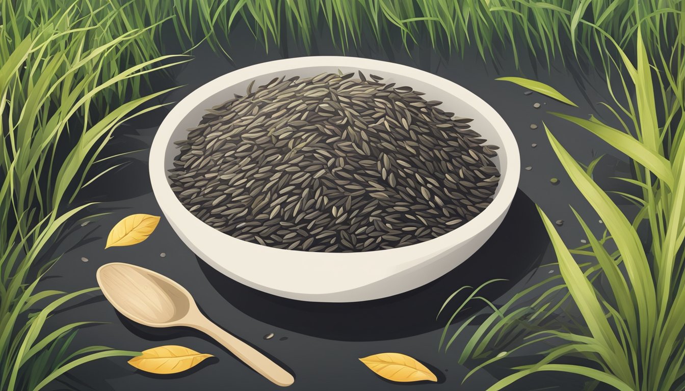 A bowl of uncooked wild rice surrounded by natural elements like grass, leaves, and water