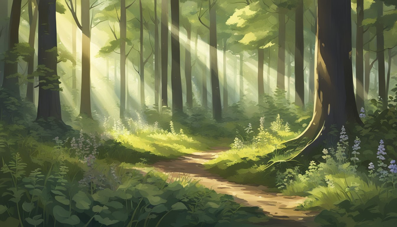 A woodland clearing with various wild herbs growing, some in clusters and others scattered across the forest floor. Sunlight filters through the trees, casting dappled shadows on the plants