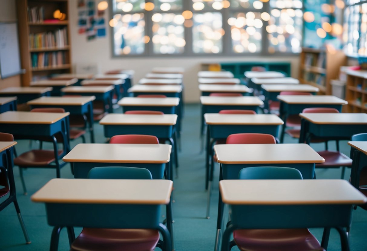 A classroom with rows of desks arranged in a neat, symmetrical pattern