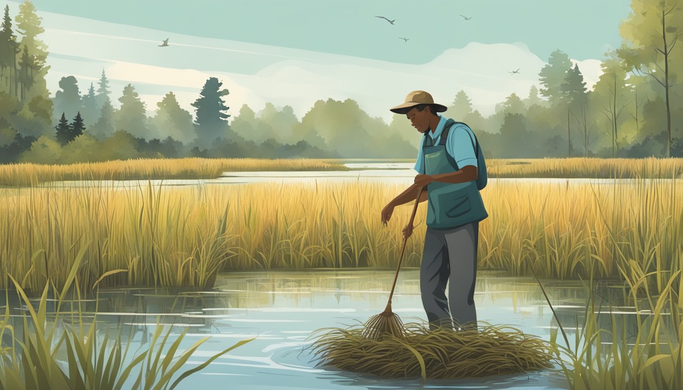 A person collecting wild rice from a natural wetland, surrounded by diverse plant life and waterfowl