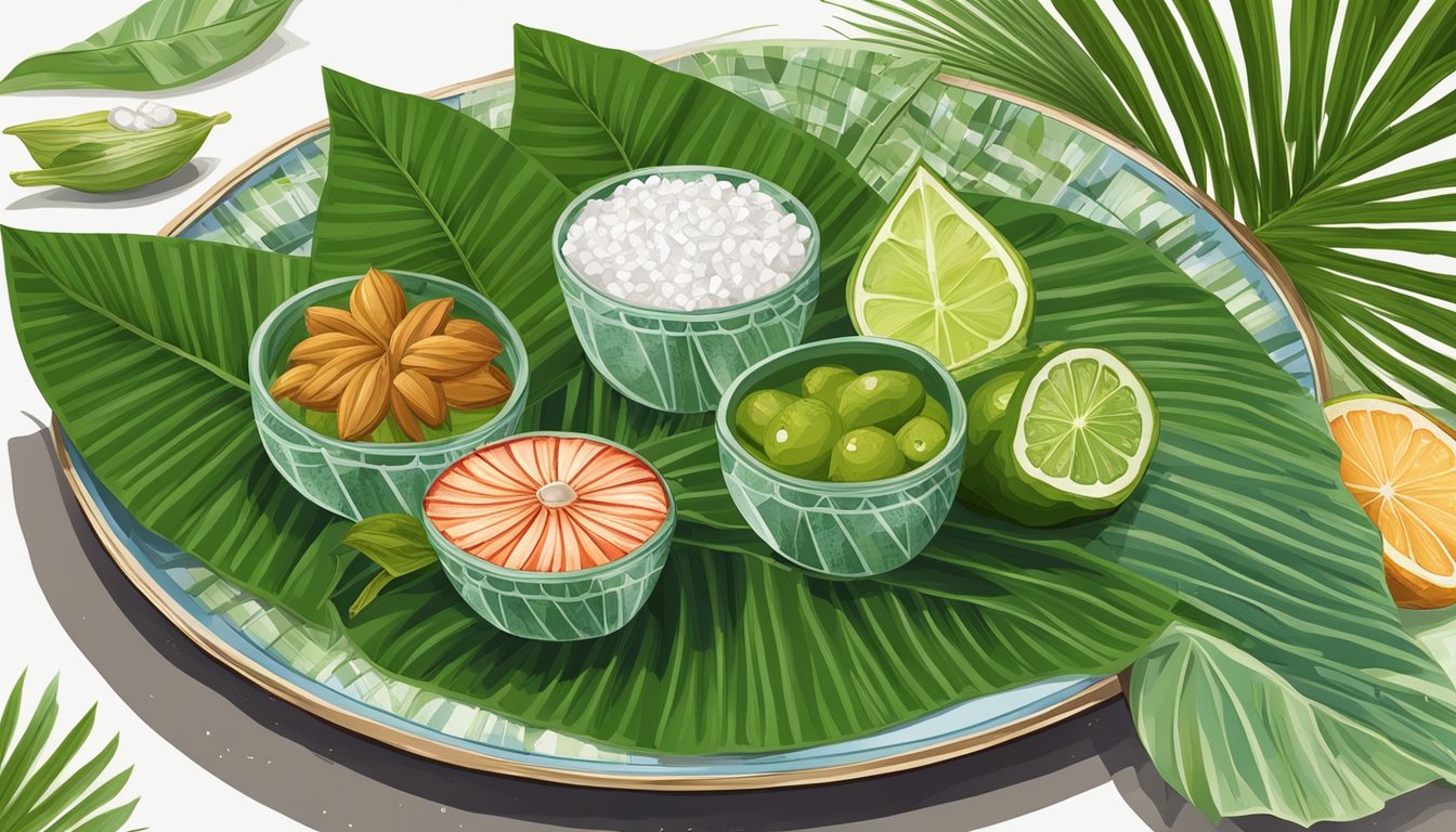 A betel leaf placed on a decorative plate, surrounded by traditional ingredients like areca nut, slaked lime, and tobacco