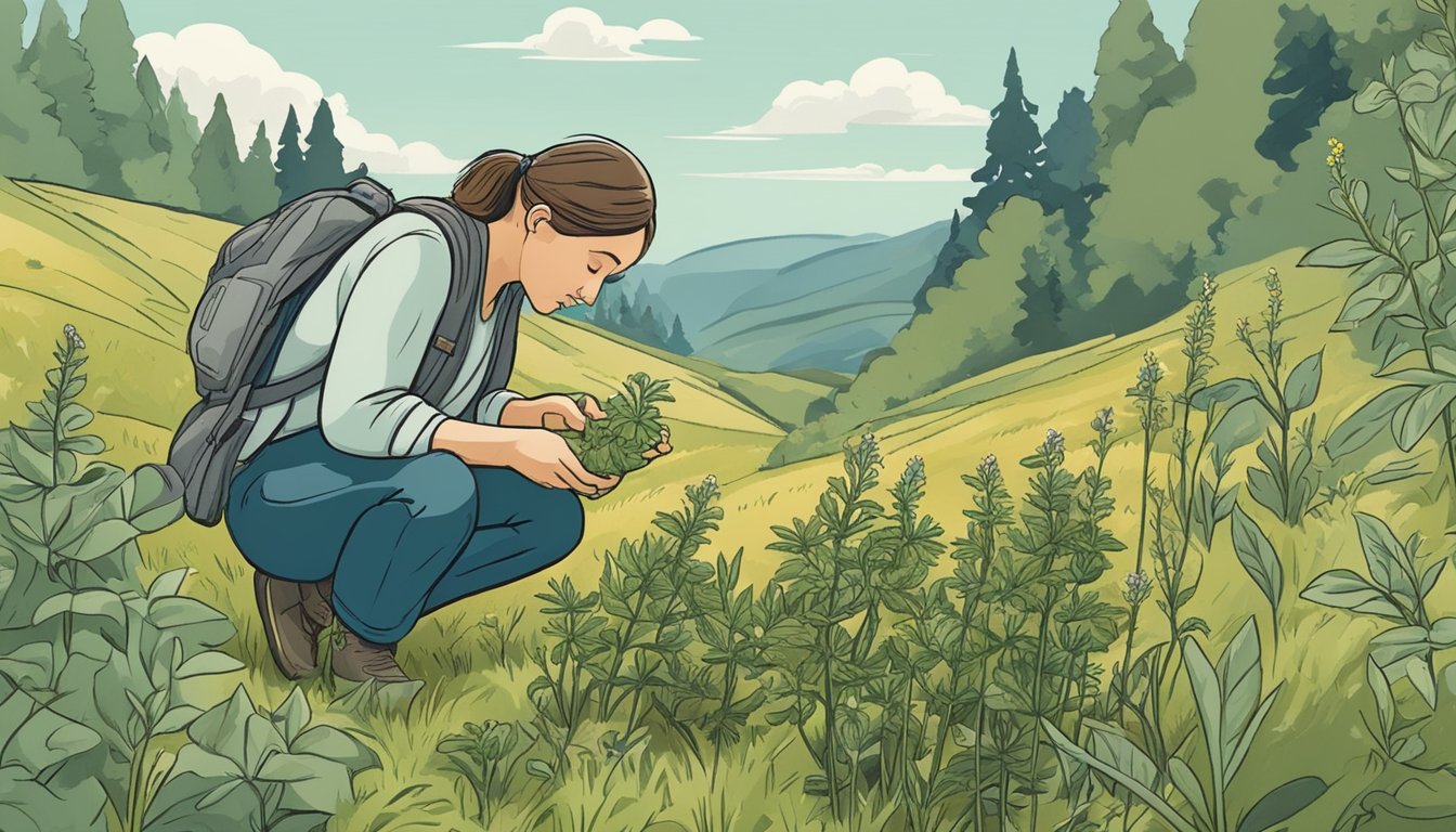 A person foraging for wild herbs, carefully inspecting and smelling each plant before collecting. A guidebook on wild edible plants lies open nearby