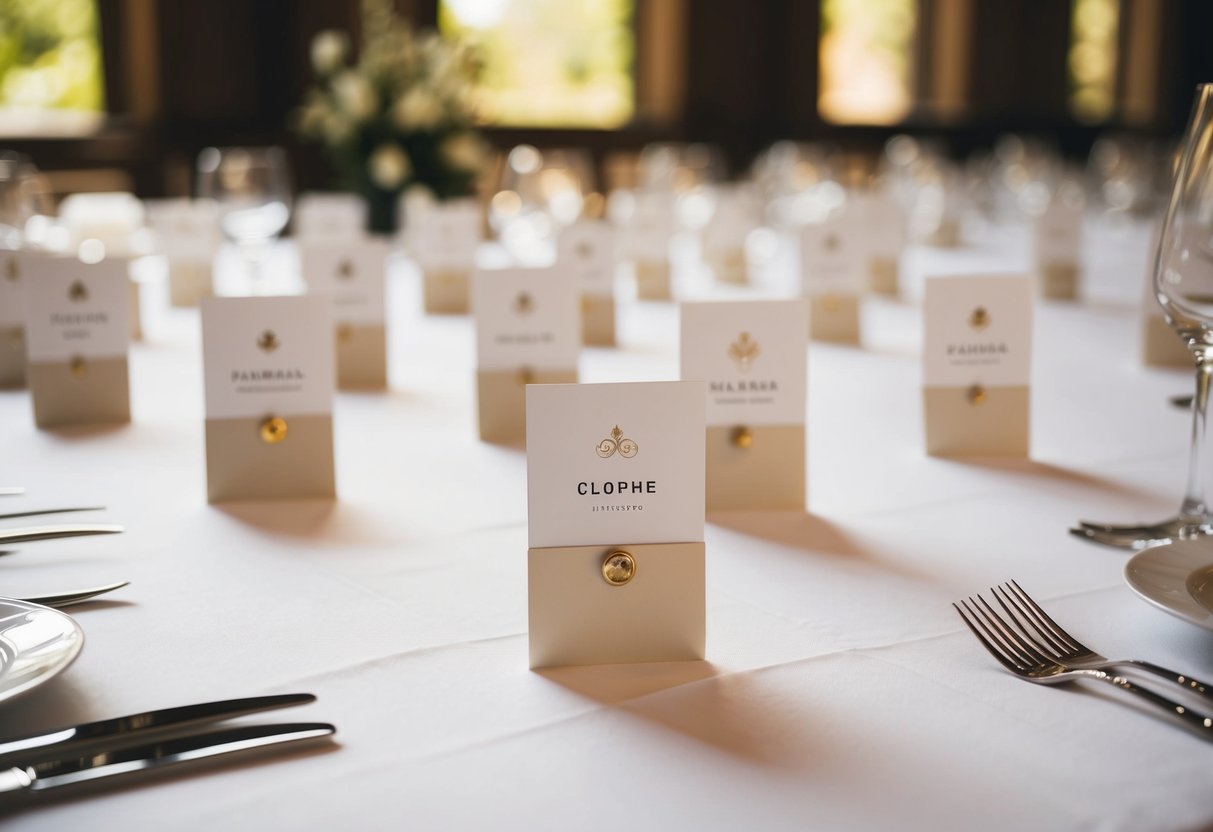 A table with elegant place cards, some for individuals and some for couples, arranged in neat rows on a white tablecloth