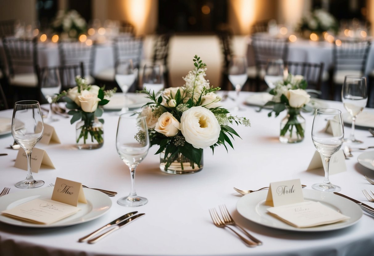 A table set for a wedding reception with both individual and couple place cards arranged in an elegant and organized manner