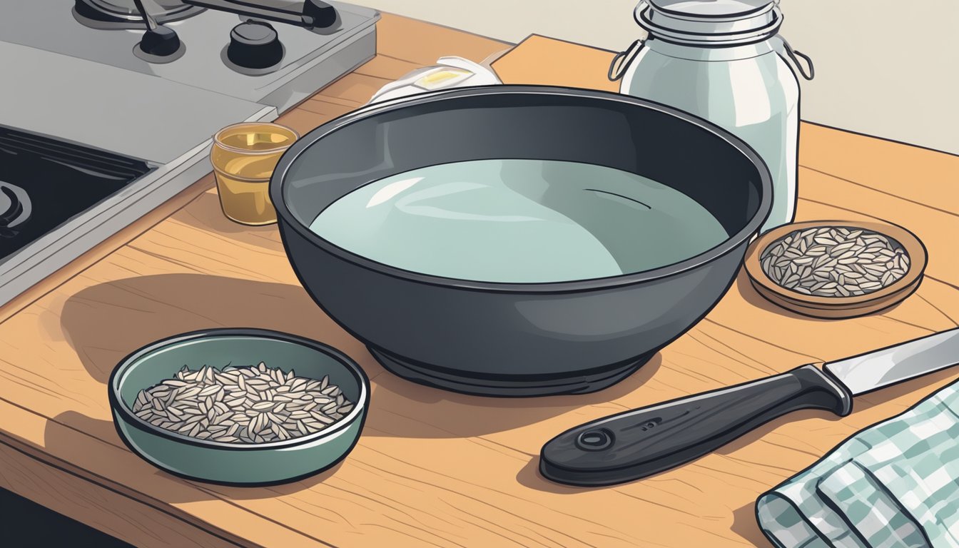 A bowl of uncooked wild rice sits next to a pot of boiling water on a kitchen counter. A chef's knife and cutting board are nearby