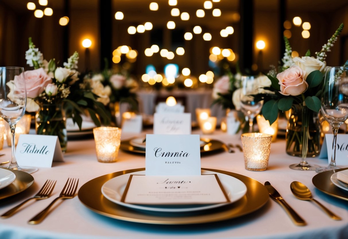 A table set with elegant place cards, some with individual names and others with couples' names, surrounded by floral centerpieces and twinkling candlelight