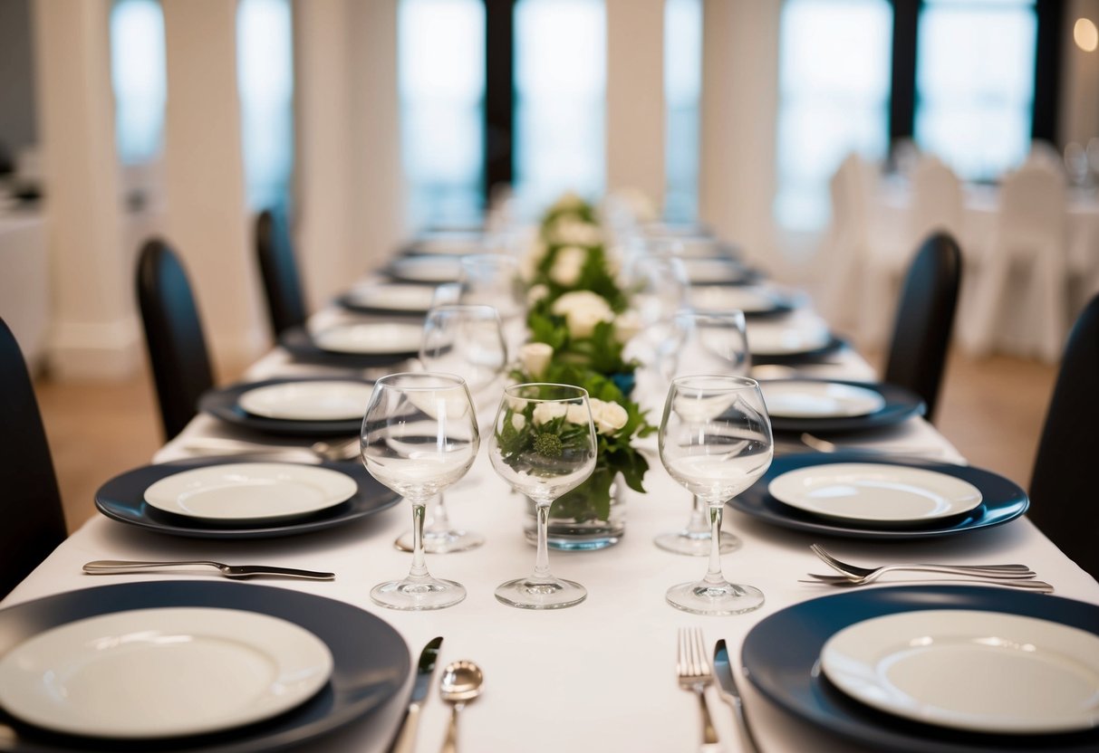 A neatly arranged top table with plates, cutlery, and glasses in symmetrical order