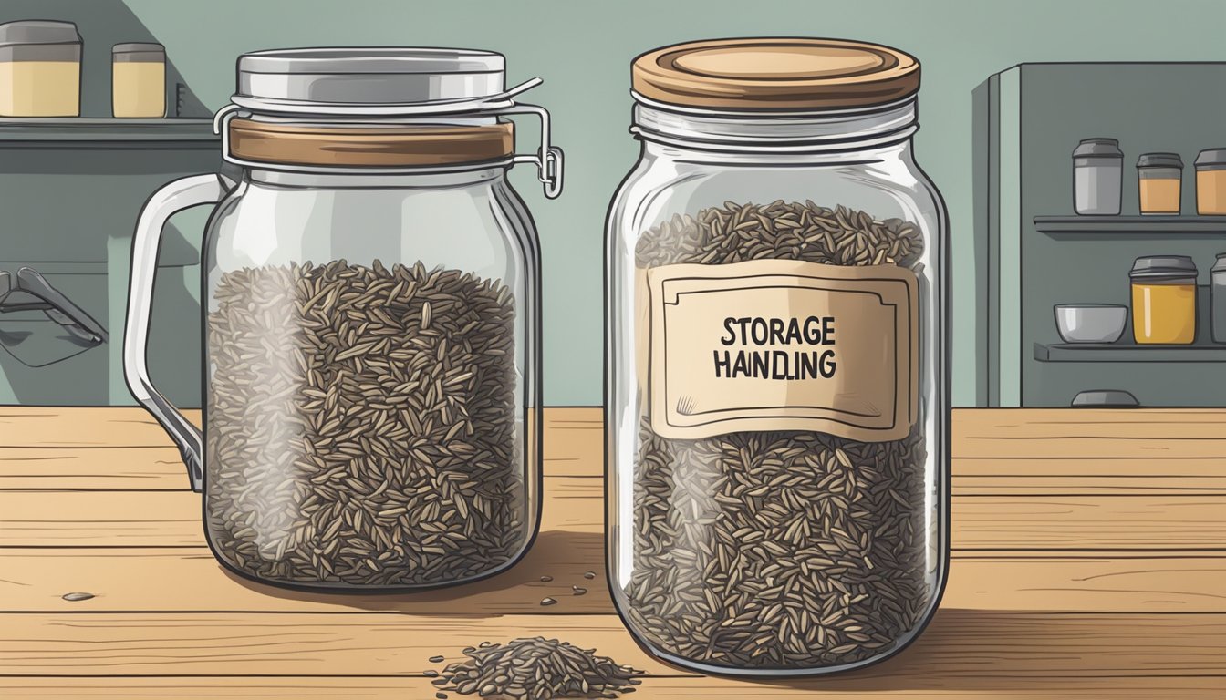 A hand pouring raw wild rice from a bag into a glass jar labeled "Storage and Handling" with a closed lid