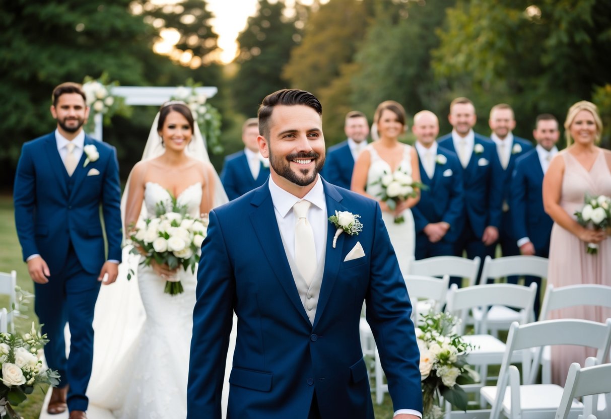 The best man walks down the aisle before the bride, followed by the groom and then the rest of the wedding party