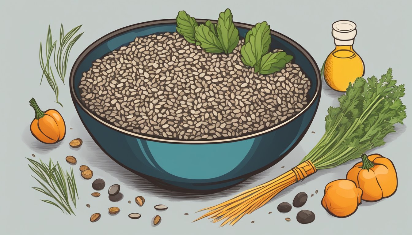 A bowl of uncooked wild rice surrounded by various grains and vegetables, with a question mark hovering above it