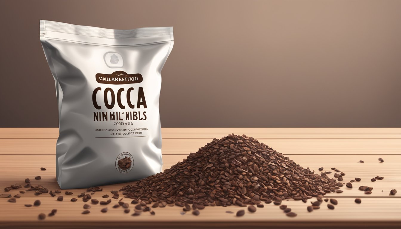 A pile of expired cocoa nibs scattered on a wooden table, with a few nibs spilling out of an open bag