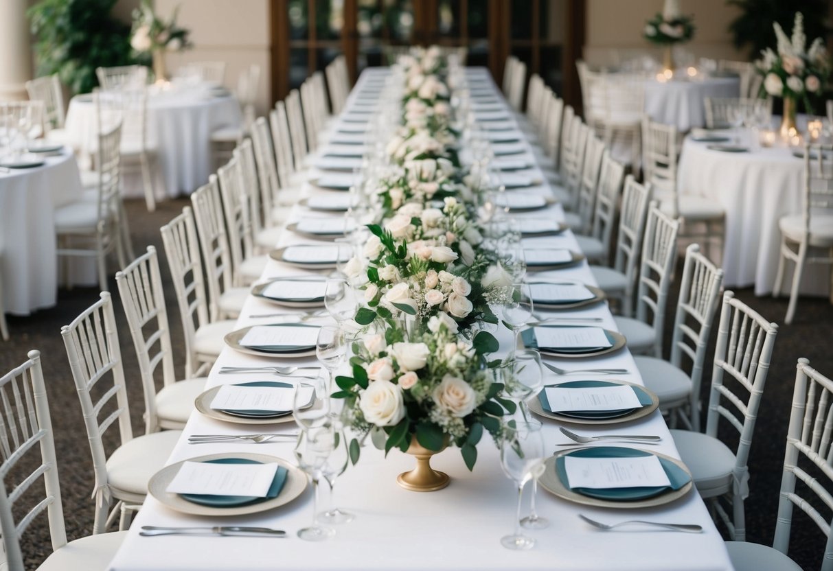 A long rectangular table with a white tablecloth and elegant place settings, flanked by smaller round tables, all adorned with floral centerpieces